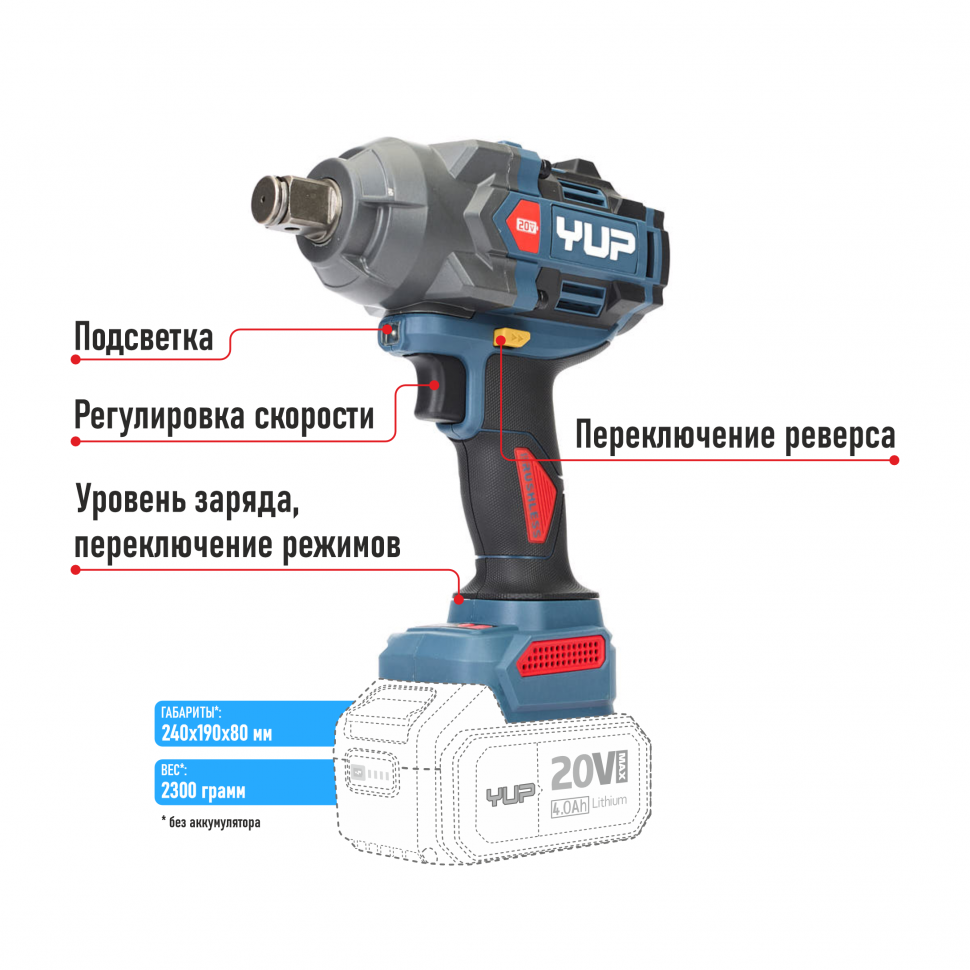 Ударный гайковерт 1000 Нм. 20В, YUPAI