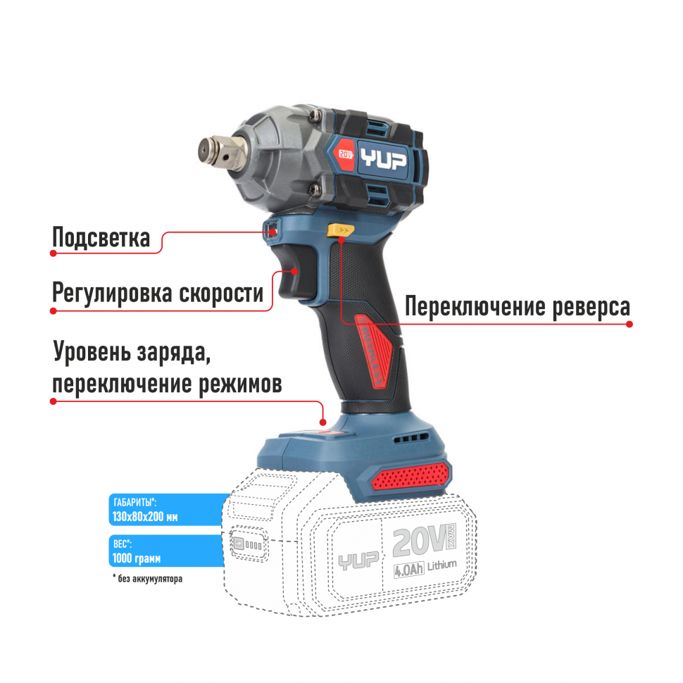 Ударный гайковерт 500 Нм. 20В, YUPAI 